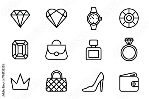 Luxury fashion and jewelry line icon collection for modern lifestyle & accessories