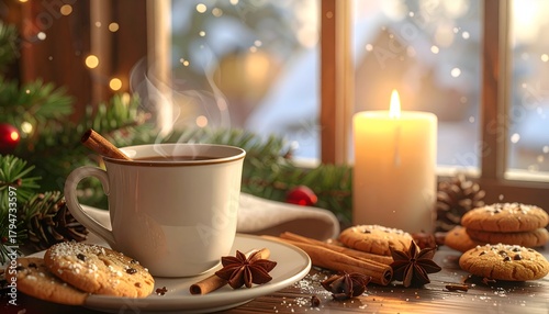 Wallpaper Mural Cozy winter scene featuring a steaming cup of coffee beside festive cookies and a candle, with snow outside Torontodigital.ca