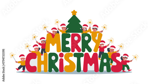 Cheerful Christmas Greeting: A festive greeting of Merry Christmas, adorned with a vibrant arrangement of the message, sparkling elements, and celebratory figures.