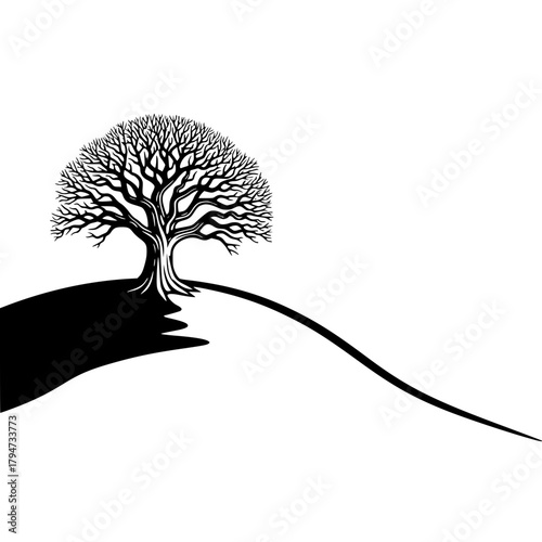 Lonely Tree on Hilltop, Minimalist Black Line Art, Conceptual Solitude Illustration