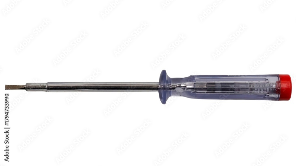 Fototapeta premium Top view of a metal voltage tester screwdriver with flat-blade tip, featuring an internal neon indicator and insulated design for checking electrical circuits and detecting live wires safely.