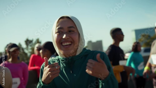 A young woman wearing a hijab smiles and gives thumbs up at a running event. She stands among other participants, radiating joy and enthusiasm for fitness.