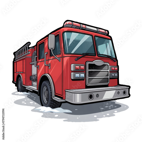 Vector illustration of a fire truck in winter with snow, stylized emergency vehicle