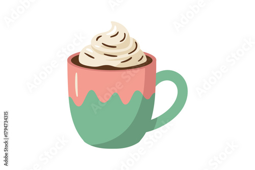 Cozy mug filled with warm chocolate topped with creamy whipped topping and chocolate sprinkles