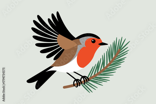 Charming robin bird with outstretched wings perches on a pine branch, a symbol of nature and the outdoors.