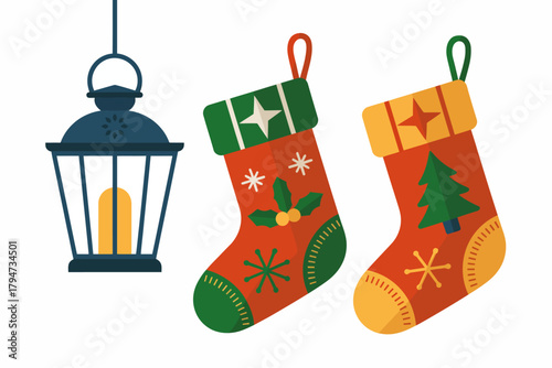 Festive Christmas stockings and lantern ready for holiday gifts and warm glow