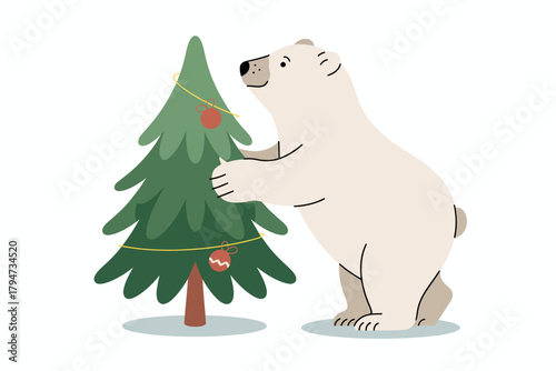 Joyful polar bear decorating a Christmas tree with ornaments and lights