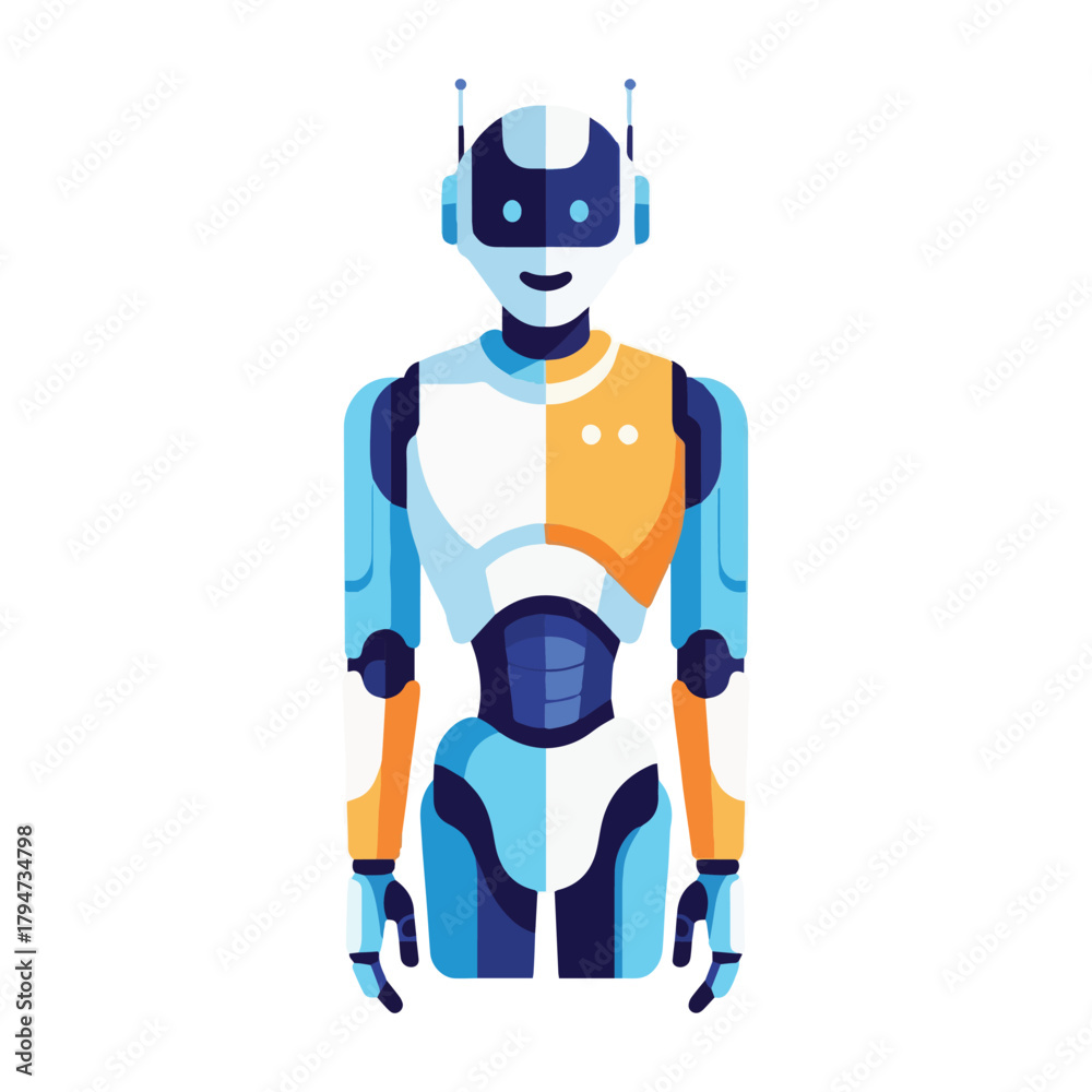 Fototapeta premium Colorful Futuristic Humanoid Robot, Flat Vector Illustration