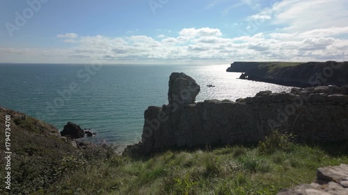 Summertime establishing shot of Barafundle Bay Beach on the Pembrokeshire coast, Wales.