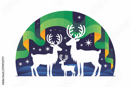 A family of reindeer silhouetted against a vibrant aurora borealis and starry night sky.