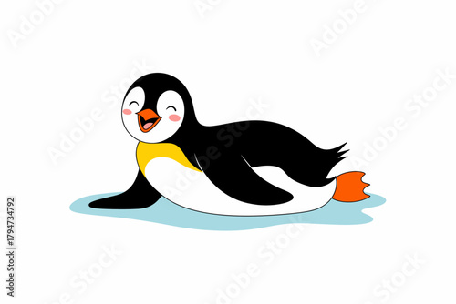 Cute cartoon penguin slides happily on ice with wings outstretched