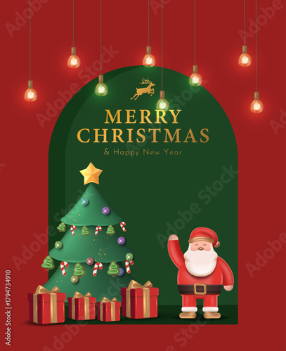 Happy Santa Standing Next to Christmas Tree with Gifts. Christmas Poster Design Vector Illustration 