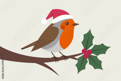 Festive robin wearing a Santa hat perched on a branch with holly
