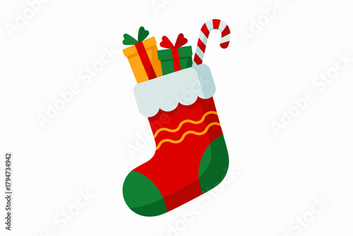 Festive Christmas stocking overflowing with colorful gifts and a candy cane