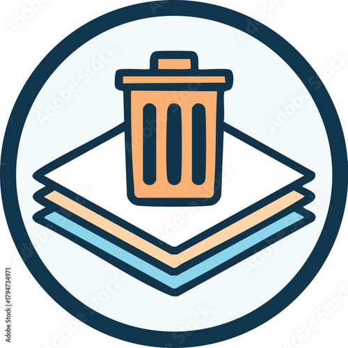 Digital document management icon for efficient file cleanup and data removal, symbolizing organization, recycling, and disposal of unwanted digital information and physical documents