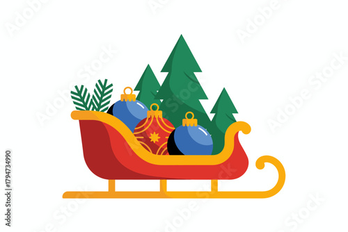Festive sleigh filled with colorful ornaments and evergreen trees, ready for holiday cheer.