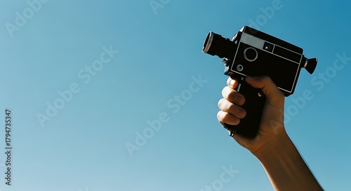 Hand holding a vintage super 8 camera against a clear blue sky background