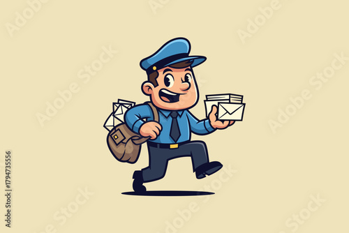 Happy Cartoon Mailman Delivering Letters with a Satchel.