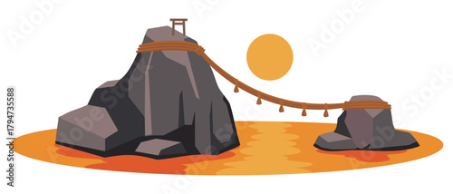 三重県の夫婦岩と日の出の風景 縁結びのシンプルなイラスト