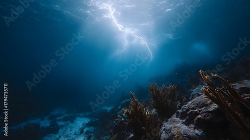 Fototapeta Naklejka Na Ścianę i Meble -  Underwater lightning strikes the ocean surface above a vibrant coral reef