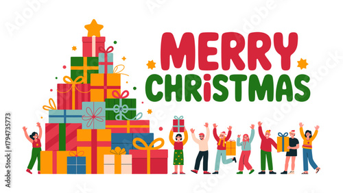 Joyful Christmas Celebration: Illustrative holiday scene where a vibrant group of individuals celebrate Christmas, reveling in the holiday spirit, embraced by a pile of Christmas gift boxes. 