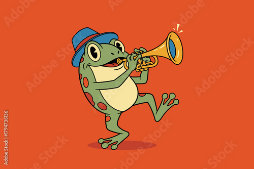 Cartoon Frog Playing Trumpet with Hat.