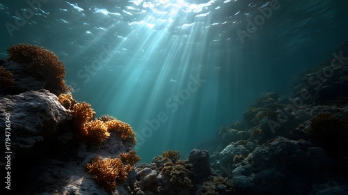 Fototapeta Naklejka Na Ścianę i Meble -  Sunlight streams through the ocean illuminating a vibrant coral reef ecosystem below the surface