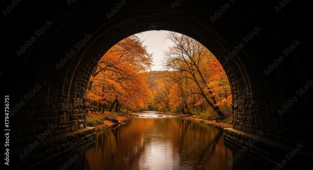 Naklejka premium Autumn River Landscape Framed by a Dark Stone Archway
