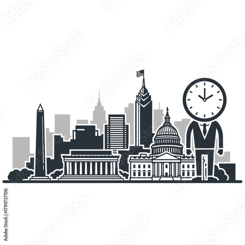 Modern city skyline with large clock character