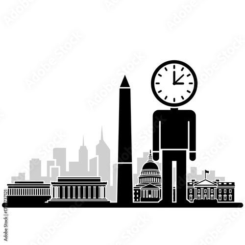 Minimal skyline with tall monument and clock-head figure