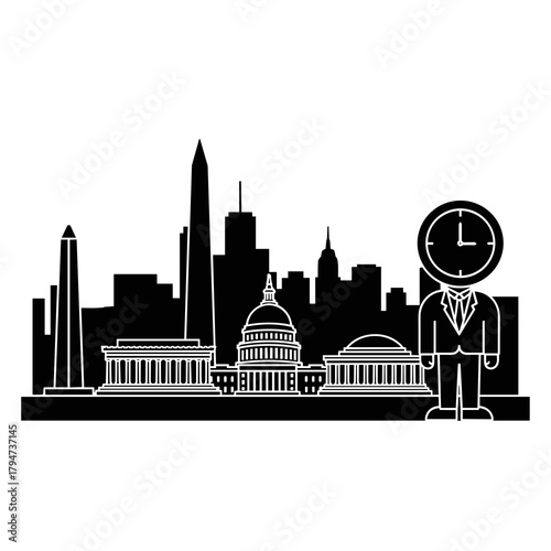 City skyline with clock-headed business figure