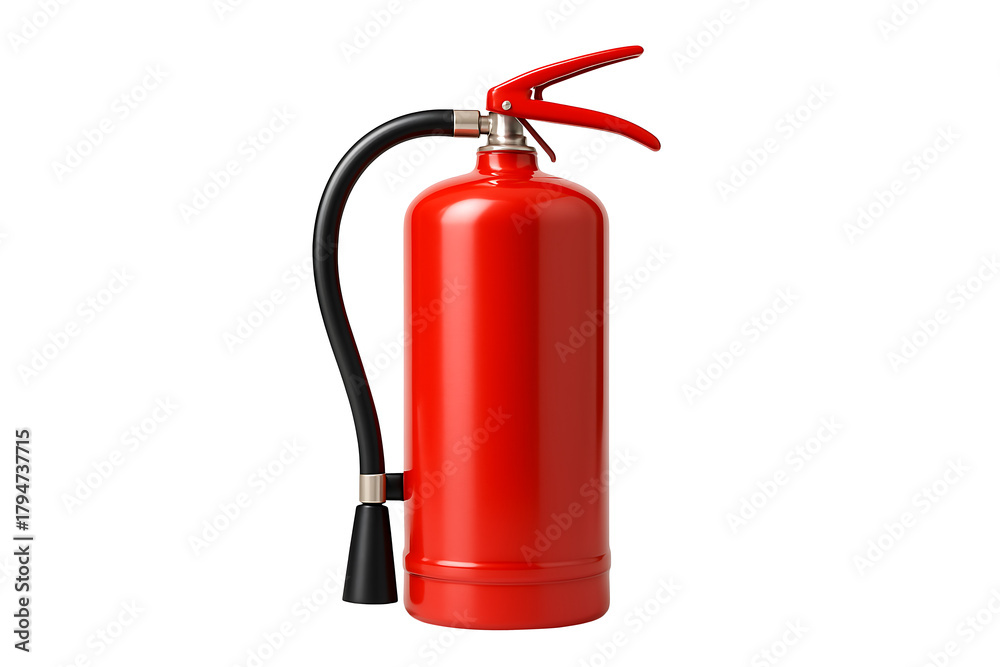 Obraz premium Classic Red Cylindrical Fire Extinguisher with Black Hose and Nozzle on a white Background