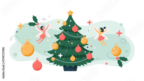 Festive Holiday Cheer: A whimsical illustration of a beautifully decorated Christmas tree, surrounded by playful elements of the season and fairy decorations, radiating warmth, wonder, and joy.