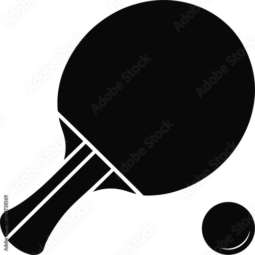 Black silhouette of a ping pong paddle and ball on white table tennis racket