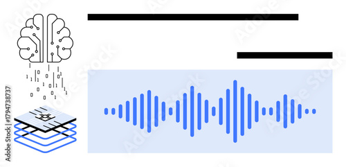 Digital brain with binary data linked to a processor chip and soundwave visualization. Ideal for AI, machine learning, sound analysis, audio technology, data processing, innovation, simple flat