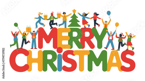 Festive Cheer: A joyful ensemble of people are shown in colorful, fun celebration of christmas, showcasing the season's happiness and excitement.