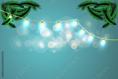 Christmas tree background with lights and snowflakes. for banner, template flyer card, greeting card, copy space area Vector illustration eps 10