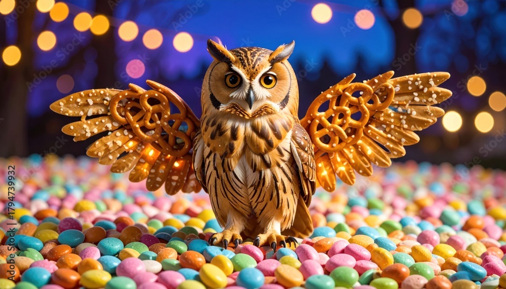 Fototapeta premium Owl with Pretzel Wings on Colorful Candy Creative Concept.