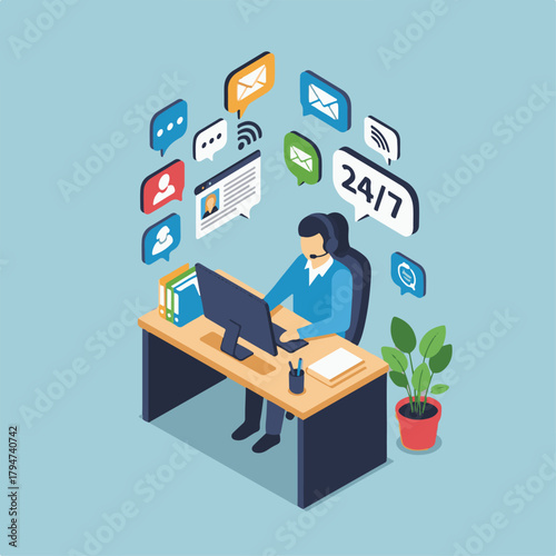 Whisk_2c140317d40c7888Ai futuristic office workspace with remote job screens illustration of isometric illustration of a customer service representative working at a desk with1a84620f7b099dcedr_traced