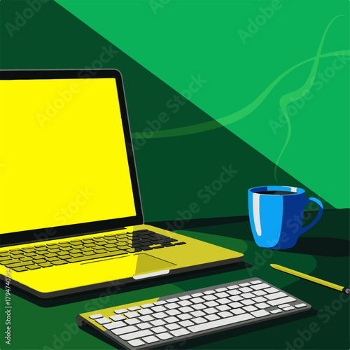 Whisk_3Ai futuristic office workspace with remote job screens illustration of a yellow laptop with a blank screen, a separate keyboard, and a blue coffee mug stc7609fae60ea72a6cc4ec0b11f26292dr_traced