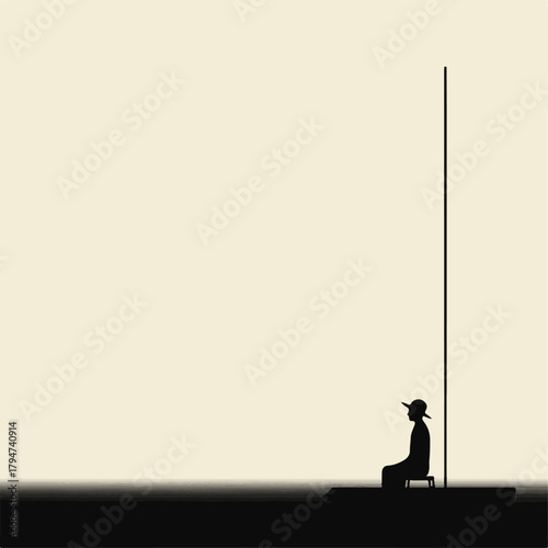 Whisk_8bAi futuristic office workspace with remote job screens illustration of minimalist silhouette of a person wearing a hat, sitting on a stool against a plai8e7ee21098f5d8c754498704ae32a4dr_traced