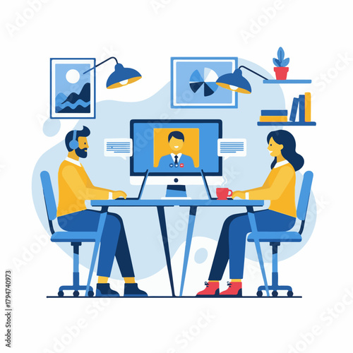 Whisk_17bd659f9bAi futuristic office workspace with remote job screens illustration of two people having a video conference call on their laptops at a table, with a thir82ee98a4b4a2d45213c5c2dr_traced