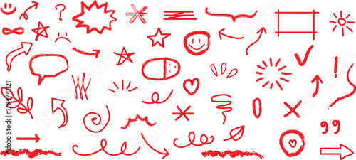 Collection of Red Hand Drawn Doodle Elements Arrows Stars Hearts Speech Bubbles and Symbols
