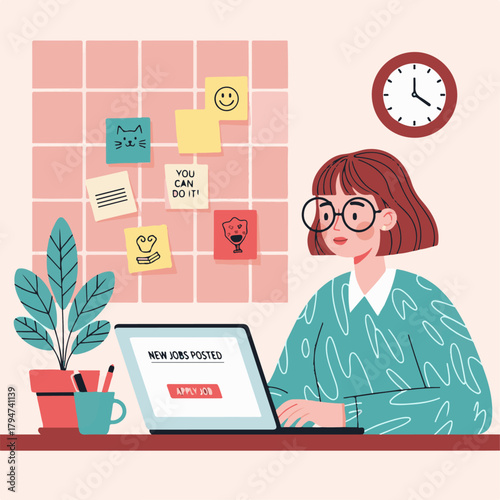 Whisk_571acffaAi futuristic office workspace with remote job screens illustration of young woman working on a laptop at a desk with a plant and a bulletin board with saf6dadda4d5473177afc08fadr_traced