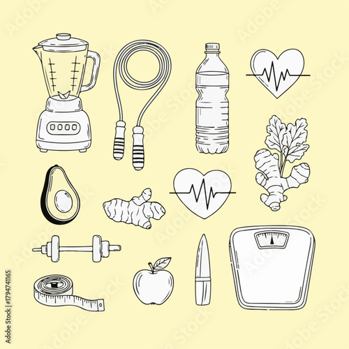 Whisk_624c0Ai futuristic office workspace with remote job screens illustration of collection of handdrawn icons representing healthy lifestyle choices, including a 1c40aab591bfcf4c155a8a2bc0fdr_traced