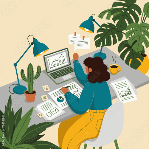 Whisk_4Ai futuristic office workspace with remote job screens illustration of a woman works at a desk filled with plants, papers, and a laptop displaying financ98416224d3e3a8922f40106ac0beb8ddr_traced