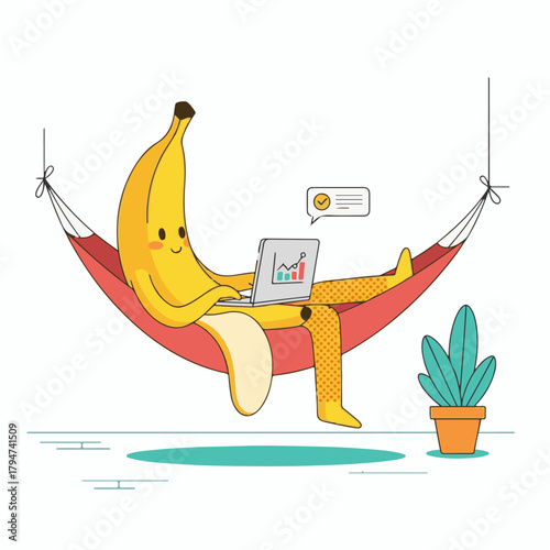 Ai futuristic office workspace with remote job screens illustration of anthropomorphic banana character relaxing in a hammock while working on a laptop, displaying a chart with positive growth, symbol