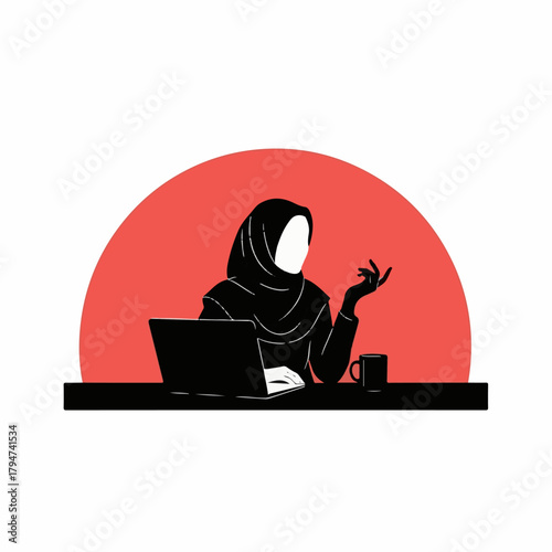 Ai futuristic office workspace with remote job screens illustration of silhouette of a woman wearing a hijab, working on a laptop at a table with a coffee cup, set against a vibrant red semicircle bac