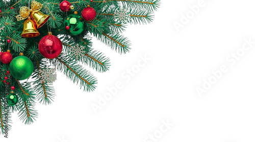 Festive Christmas Corner Arrangement With Vibrant Ornaments And Golden Bells On Pine Branches

