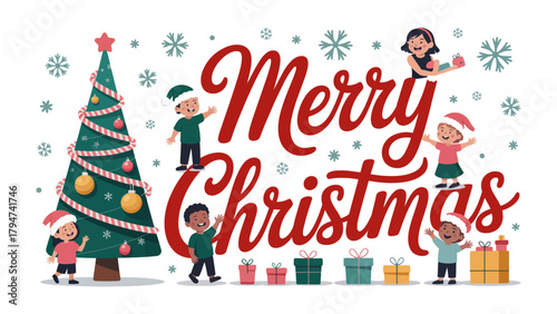 Festive Wishes: A heartwarming Christmas scene with children, presents, and tree. The scene exudes the spirit of joy and the magic of Christmas.